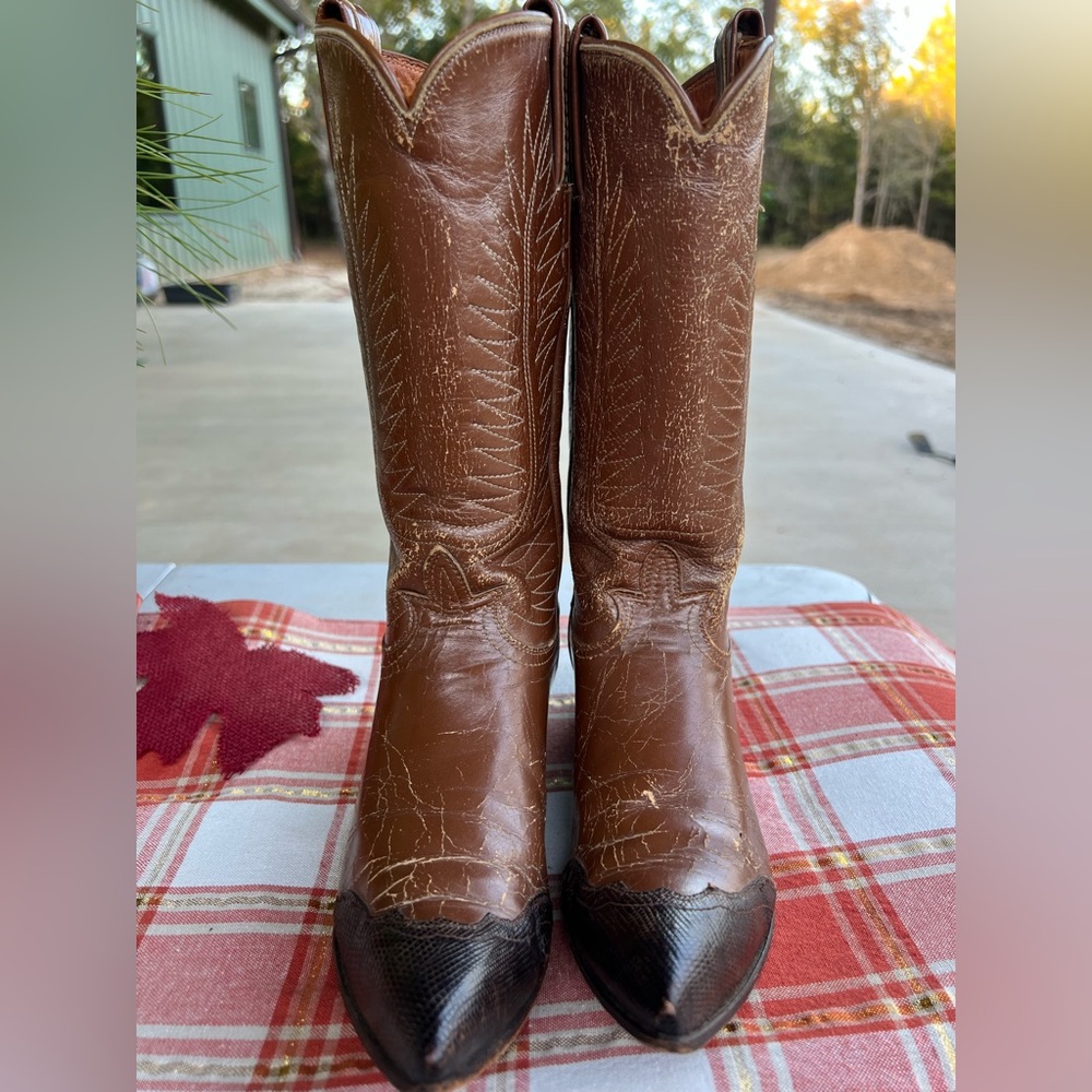 Tony Lama 5.5 lizard wingtips. Brown with dark brown wings.